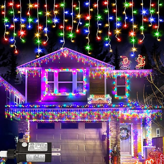 Colored Christmas Lights Outdoor, 33ft 400 LED Icicle Lights for Outside House with Connectable Clear Wire 8 Modes Timer, Plug in Waterproof for Home Holiday Eaves Yard Party Room Indoor Decoration