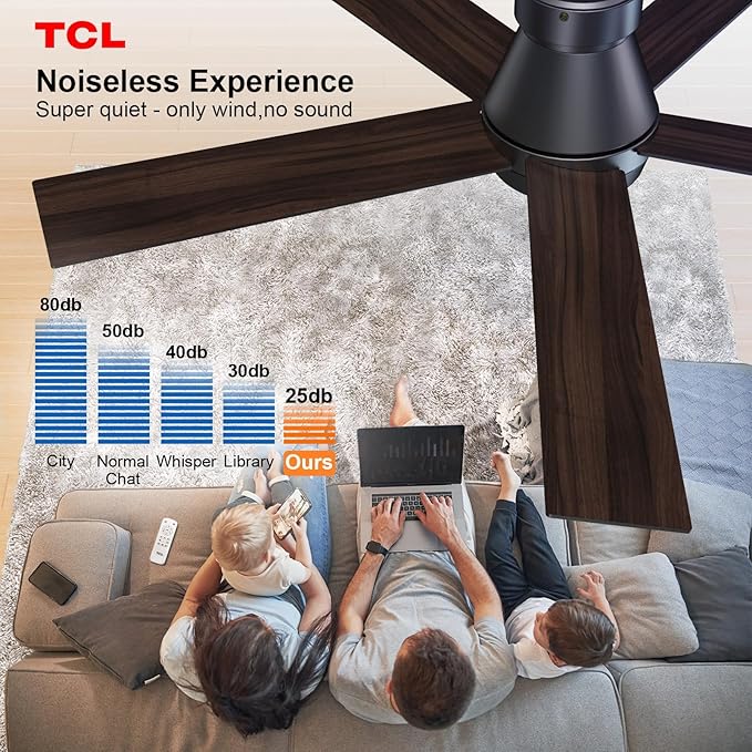 TCL 52" Ceiling Fan with Lights, Black Flush Mount Ceiling Fans with Remote Control, 6 Speeds DC Reversible, Dimmable, Noiseless, Low Profile Ceiling Fans for Bedroom