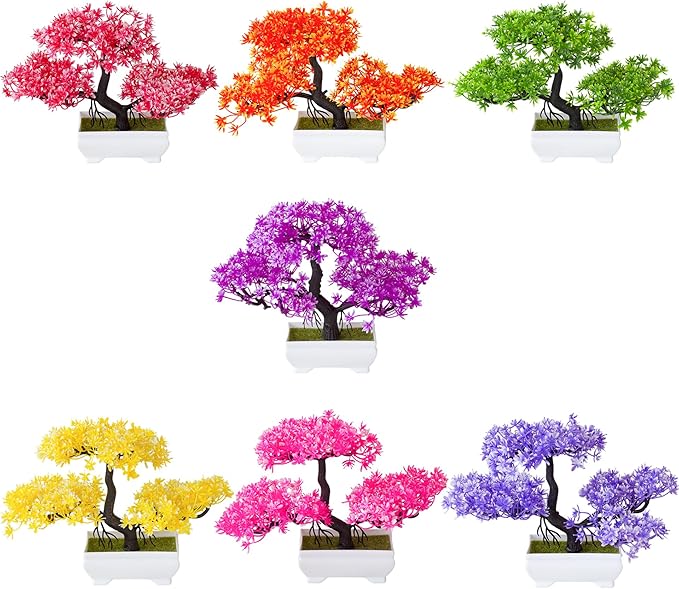 Mini Artificial Bonsai Tree Plants with Plastic Cement Pots for Home Office Décor(Red)