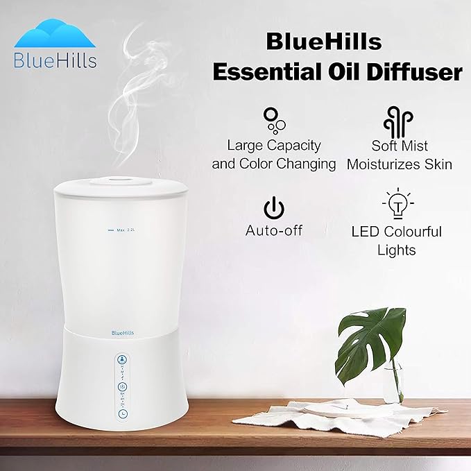 BlueHills Large Essential Oils Diffusers for Large Rooms Set of 2 2000ML Capacity Models Adjustable Cool Mist Output Options – Value Pack of White and White Wood Grain