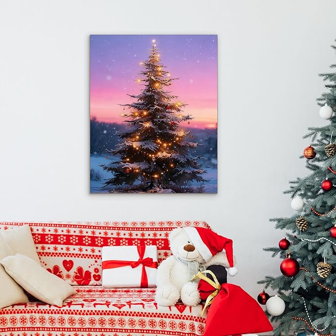 Framed Christmas Pictures Wall Decor,Vintage Pine Tree Prints,Winter Christmas Canvas Wall Art Decoration for Bedroom Bathroom Living Room Rustic Xmas Holiday Gifts (Christmas Tree 12, 16'' X 24'')