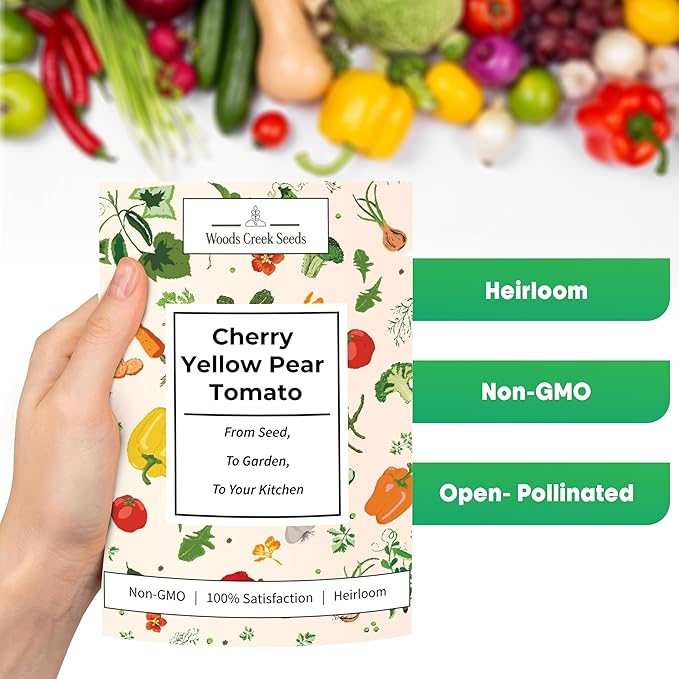 Woods Creek Seeds: Yellow Pear Tomato Seeds for Planting - Heirloom Tomato Seeds for Planting Outdoors, Indoors, Patio or Home Plant Garden - Non-GMO Seed Pack of Indeterminate Pear-Shaped Tomatoes
