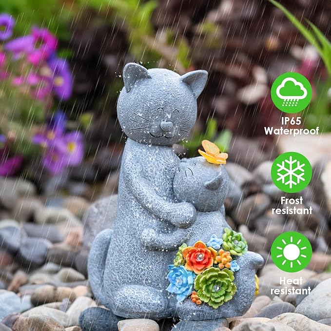 Solar Garden Statues Loving Cat Figurine Lights for Outside, Yard Decorations Outdoor, Garden Decor Unique Mothers Day Birthday Housewarming Gifts for Mom, Women
