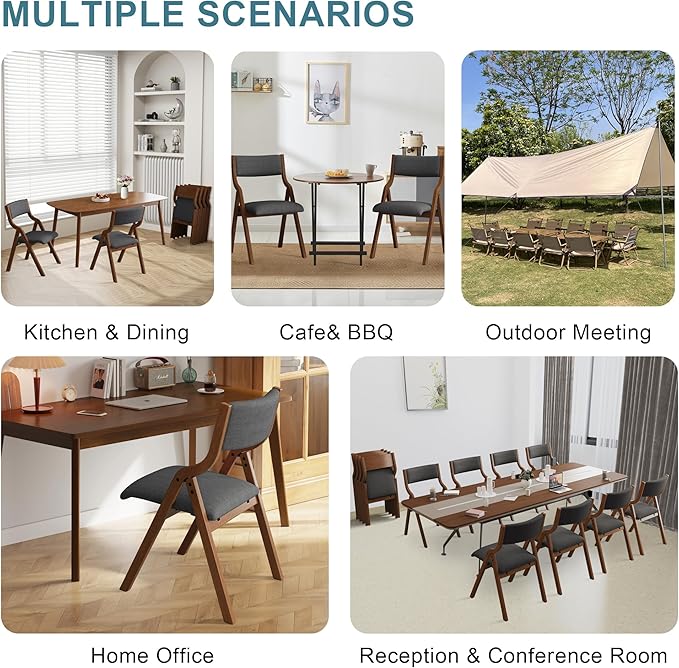 Ball & Cast Upholstered Folding Chairs Set of 2 with Ergonomically Designed Back and Solid Wood Frame, for Dining Room and Office,Indoor and Outdoor Events,Space Saving,Dark Grey+Walnut
