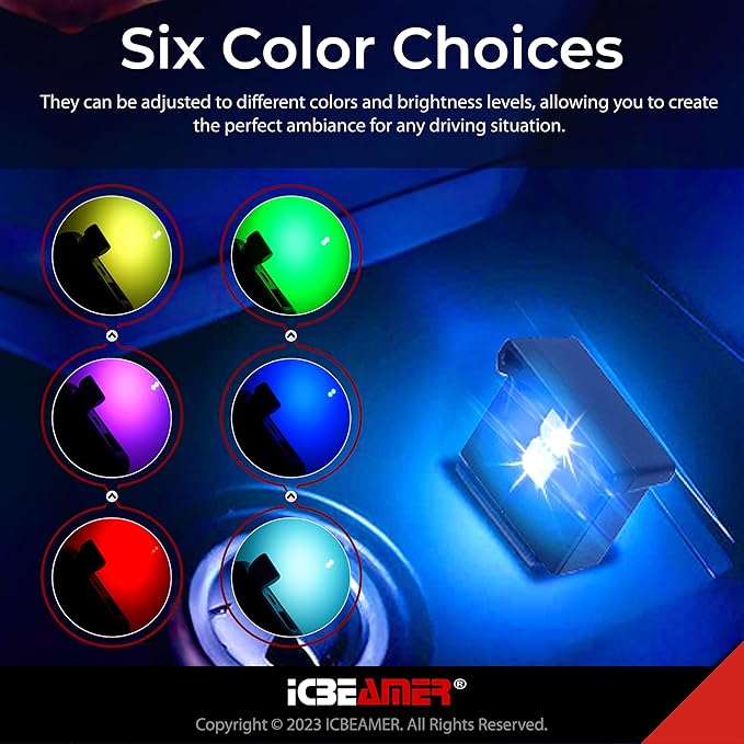 ICBEAMER Mini Smart USB Type-A 2-Pack (White) | LED Night Light for Car Interior, Trunk, Center Console, Easy Plug-in, Perfect for Ambient Atmosphere in Vehicles