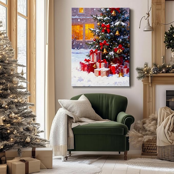 Vintage Christmas Tree and Gifts Box Canvas Wall Art - Festive Framed Print for Home Office Decor, Rustic Christmas Wall Art Picture, Ideal Christmas Gifts & Holiday Decorations