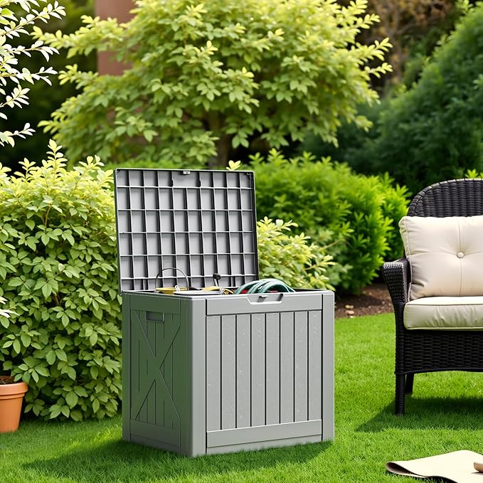 Flamaker Resin Deck Box 40 Gallon Waterproof Outdoor Indoor Storage Box Imitation Wood Resin for Patio Furniture Garden Tools and Pool (Gray)
