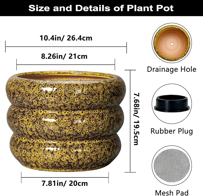 SQOWL Ceramic Flower Pots - 10 Inch Plant Pot Indoor with Drainage Hole, Round Bubble Planter for Outdoor Plants, Decorative Ceramic Plant Pot, Porch Home House Decor, House Warming Gifts, Yellow