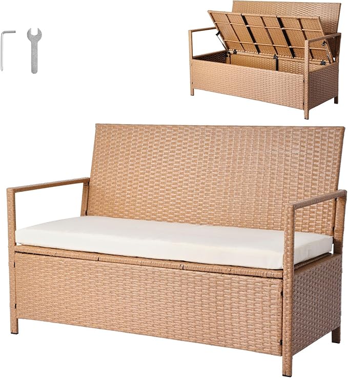 VEVOR Outdoor Storage Bench, 2-Person PE Rattan Storage Bench, 70 Gal Deck Box with Cushion, Supports up to 265 lbs, Weatherproof Outdoor Seating & Porch Decor for Patio Garden Balcony Yard