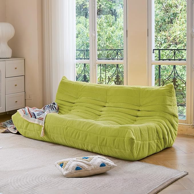 N&V Fireside Three Seater Sofa, Mid Century Armless Twin Size Floor Sofa, Soft Premium Corduroy Floor Lounge Chair, Foam Sofa Accent Chair for Living Room, Bedroom (Lime)