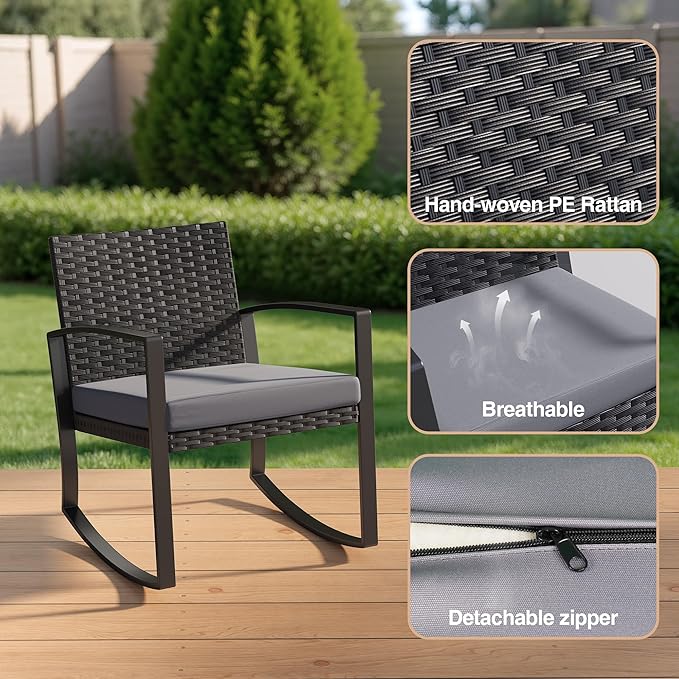 3 Pieces Outdoor Patio Furniture Set Rocking Bistro Set Outdoor Rattan Conversation with Coffee Table for Garden Balcony Backyard Poolside (Grey Cushion)