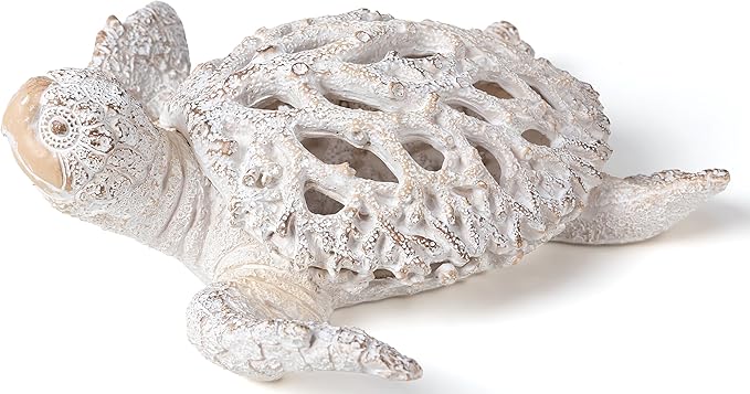 VVGIFTS Ocean Decor White Sea Turtle Coral Reef Home Office Decor Sculpture Beach Coastal Tabletop Shelf Collection (White)