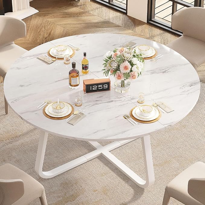 LVB White Faux Marble Round Dining Table, Circle Dining Table Kitchen 4-6 People, Mid-Century Pedestal Dinner Office Living Room, White Marble, 51 Inch