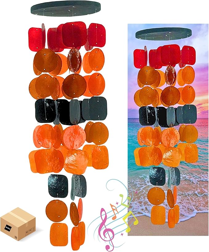 Bellaa 20720 Wind Chimes for Outside Capiz Sea Glass Shells Orange Red Black Outdoor Windchimes Home Garden Patio Yard Lawn Unique Gifts Mom Grandma