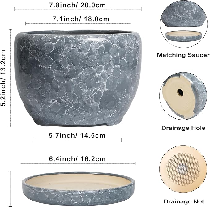 SQOWL 8 inch Plant pots Indoor - Ceramic Planter with Drainage Hole and Plant Saucer, Decorative Ceramic Flower Pot Outdoor, Modern Round Planter, Patio Porch Garden Decor, Garden Gifts, Gray