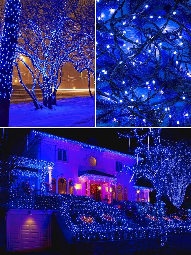 2 Pack 200 LED Solar String Lights Outdoor, Solar Christmas Lights with 8 Lighting Modes, Waterproof Green Wire Solar Tree Lights for Outside Xmas Wedding Party Garden Patio Yard Decorations (Blue)