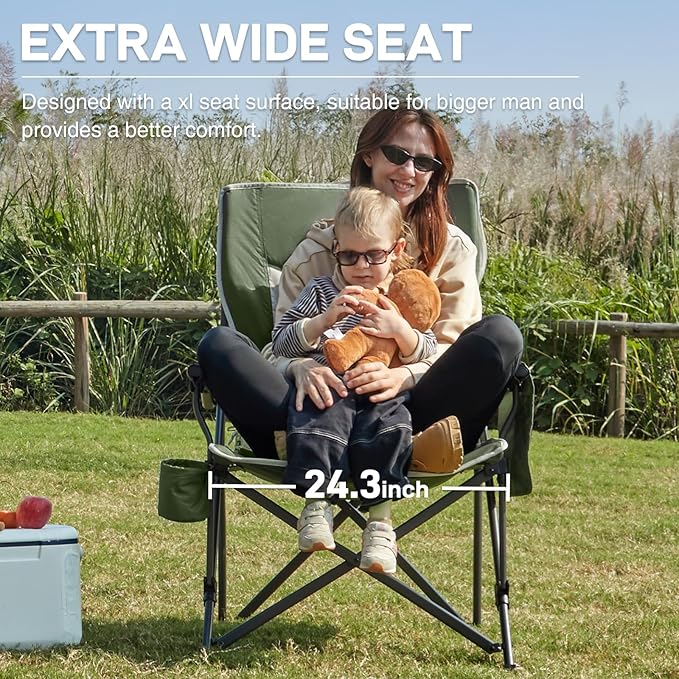 EVER ADVANCED Oversized Folding Camping Chair, for Adults Heavy Duty Lawn Chair with Side Pockets, Portable Collapsible Quad Chair for Outside, Support Up to 500lbs, Green