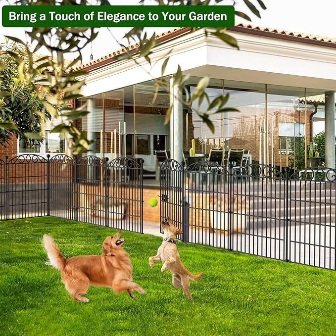No Dig Decorative Garden Fence 6 Panel with Gate - 30in H x 11.8ft L, Tall Animal Barrier for Dogs Rabbits, Rustproof Metal Wire Panels for Yard, Patio, and Outdoor Border Use