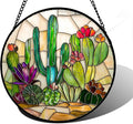 Stained Glass Window Hanging, White Green Cactus Suncatcher Diamond Glass Panel Hangings Sun Catchers Decor for Birthday for Women, Men, Wife, Aunt, and Mom 9.8 in