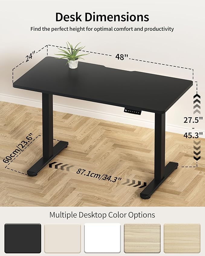 Okin Standing Desk Electric Adjustable Computer Whole Piece Stand up Desk Office Gaming Home Office Memory Desks 48x24 inches Black