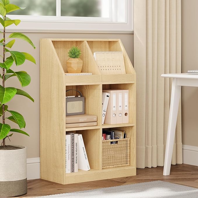 6-Cube Wooden Storage Bookcase - 11-Inch Open Shelf Cabinet, Simple Modern Bookshelf Organizer for Home Office, Living Room, Oak