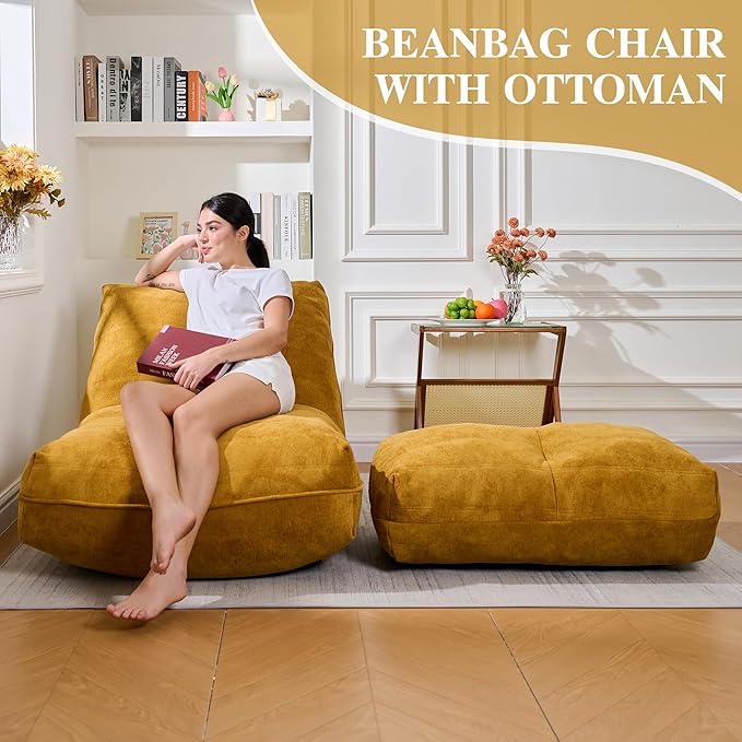 Bean Bag Chair with Ottoman, Comfy Bean Bag Sofa with Memory Foam, Lazy BeanBag Sofa with Footstool, Fireside Bean Bag Couch for Living Room, Bedroom, Apartment (Yellow)