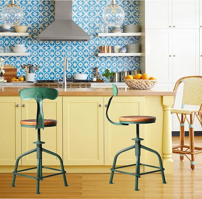 Topower Farmhouse Kitchen Stool, Industrial Counter Stool, Kitchen Deco Round Seat Standard Height Adjustable Swivel Bar Stools with Backrest Indoor House Design Iron Backrest Antique Green Set of 2