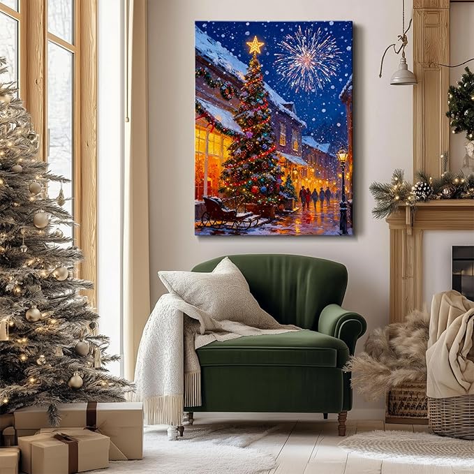 Vintage Christmas Tree and Fireworks Canvas Wall Art - Festive Framed Canvas Prints for Home Office Decor, Rustic Christmas Wall Art Picture, Ideal Christmas Gifts & Festive Decorations