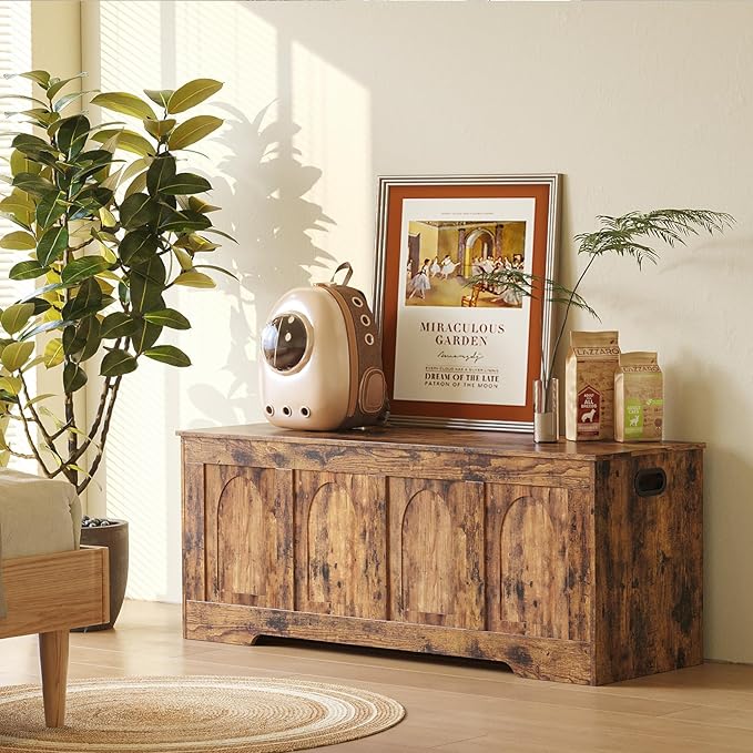 DINZI LVJ Storage Chest, 47.2”Wooden Storage Box with 2 Safety Hinges, Entryway Shoe Bench with Flip-Top, Large Trunk for Living Room, Bedroom, Easy Assembly, Rustic Brown