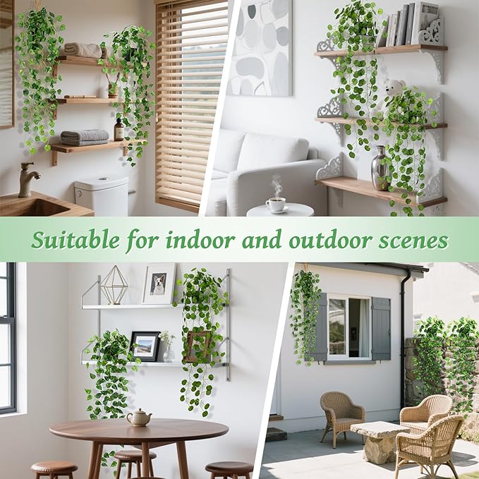 Folmywy 2 Pack Artificial Hanging Plants Vines with Pot Fake Greenery Potted Plant Eucalyptus Leaves Decoration for Indoor Outdoor Wall House Room Patio Bookshelf Office Party Decor