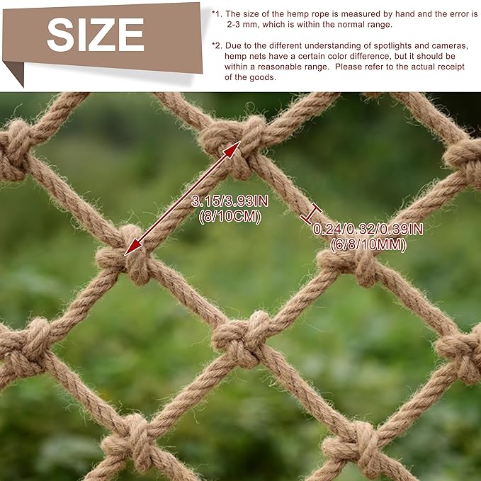 Safety Hemp Rope Net Kids Climbing Tree House Children Netting Balcony Stairs Fence Railing Garden Playground Protection Heavy Duty Indoor & Outdoor Decor Rope Net 8mm/8cm 3.3x32.8ft(1x10m)