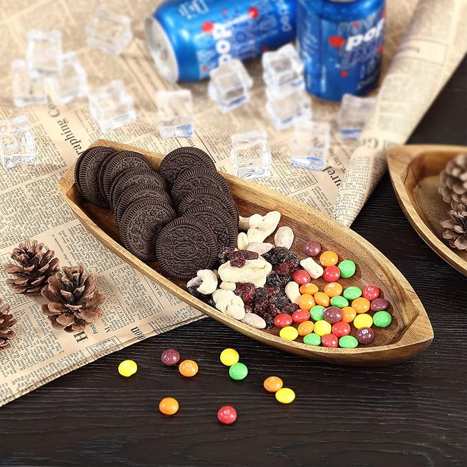 Lucky Boat Serving Tray, Acacia Solid Wood Boat Shape Plate for Serving Desserts, Fruit, Snack and Seafood or House Ornament,Key Tray,Functional and Storage Decorative Bowl。 (S)