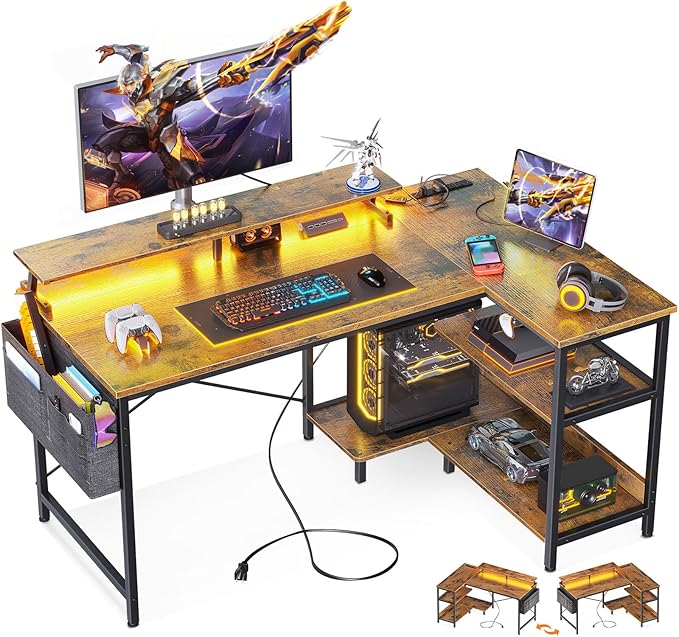 ODK 48 Inch Gaming Desk with USB Charging Ports and LED Lights, Reversible L Shaped Computer Desk with Storage Shelves & Monitor Stand, Corner Home Office Desk Table with Power Outlets, Vintage