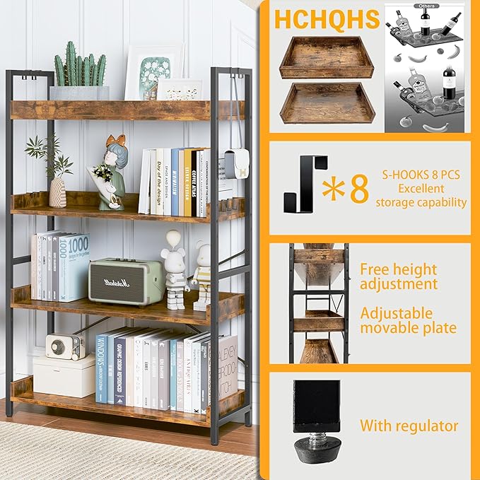 HCHQHS 4 Tier Bookshelf, Adjustable Industrial Bookcase, Vertical Tall Book Shelf, Wood and Black Metal Open Bookshelves for Home Office, Living Room, Bedroom