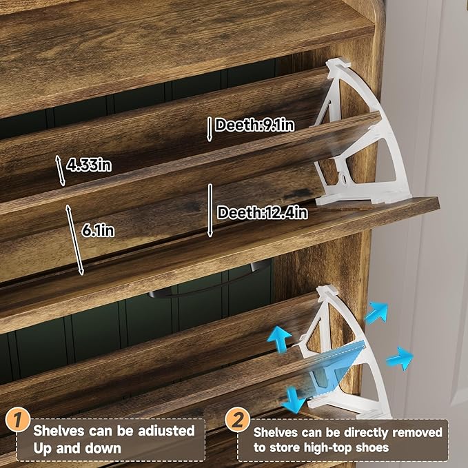 Maupvit Large Shoe Storage Cabinet with 6 Flip Drawers, Freestanding Shoe Organizer with Metal Handles for Entryway, Narrow Shoe Rack Cabinet, Rustic Brown