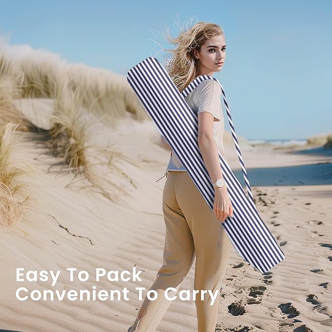 PHI VILLA 7ft Beach Umbrella with Fringe & Sand Anchor, Outdoor Patio Heavy Duty Windproof Portable Tassel Umbrellas for Sand with Push Button Tilt & Carrying Bag, UPF 50+, Stripe Blue & White