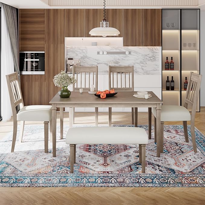 Merax 6-Piece Retro Dining Table Set, 6 Seats Wooden Rectangular Table, with 4 Chairs & 1 Bench for Kitchen Room, Classic Furniture, Brown