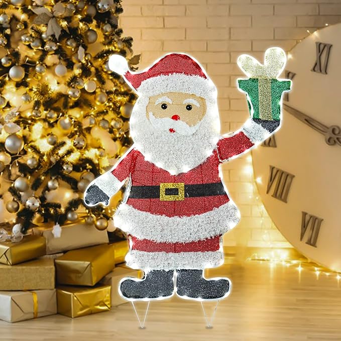 Christmas Santa Lighted Decoration Christmas Lighted Santa Clause with Gift Box Pre-Lit 102 LED Lights Decoration for Xmas Home Pathway Lawn Party Display