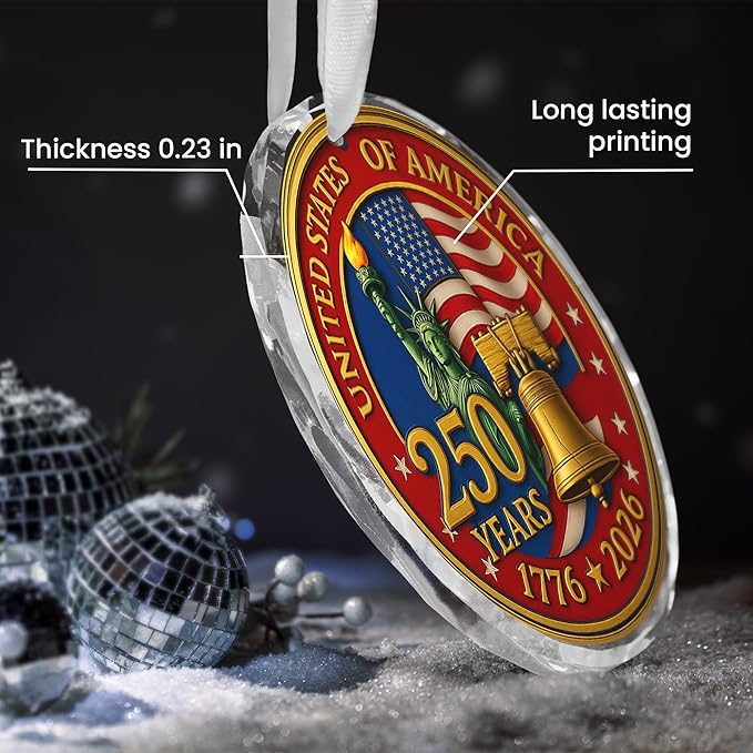 FLAGWIX 250th Anniversary USA Ornament for Patriotic Christmas Decorations - Glass Patriotic Christmas Ornaments - United States 250 Years American Anniversary Bell Ornament, Veterans Day Gifts Bulk