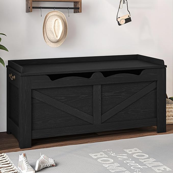 39.4" Storage Bench, Storage Chest, Lift-Top Storage Trunk with 2 Safety Hinges, Wooden Storage Box Chest Organizer for Bedroom, Entryway, Living Room, Black SB04504X