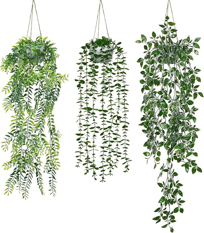 Dremisland Fake Hanging Plants with Pots 2Pack Faux Hanging Basket Plant Macrame Plant Hanger with Fake Vines Faux Hanging Planter for Wall Ceiling Home Bedroom Indoor Decor (Mix Plant-3PCS)