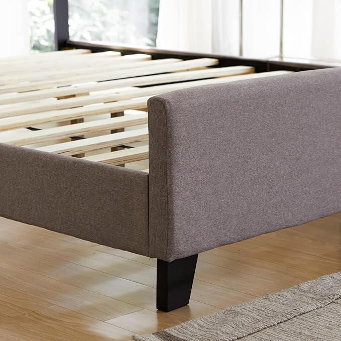 Livinia Amelia Full Size Platform Bed, Fabric Upholstered Full Bed Frame with Height Adjustable Headboard Footboard, Strong Wood Slats, No Box Spring Needed, Brown