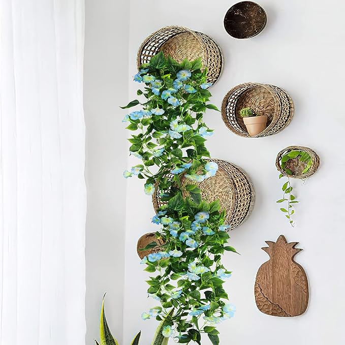 CISDUEO 2 Pcs Artificial Vines for Outdoors Silk Morning Glory Vines 15Feet Hanging Plants Blue Flowers Garland Fake Green Plant Morning Glories for Home Decor Wall Fence Wedding Hanging Baskets
