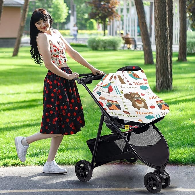 Personalized Name Car Seat Covers for Baby Girl Boy, Customized Infant Summer Carseat Sun Shade Cover, Breathable Stroller Canopy, Newborn Nursing Cover Breastfeeding Scarf, Jungle Animal