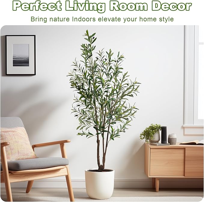 5FT Artificial Olive Tree Artificial Olive Plants, Tall Faux Olive Tree Faux Silk Plant Fake Plant Ultra-Realistic Silk Leaves & Natural Trunk Indoor Outdoor Use