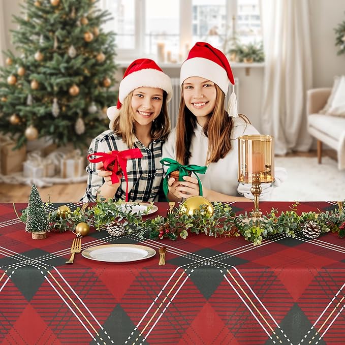 Christmas Tablecloth Rectangular 60x84 Inch Tablecloths for 4ft Waterproof, Machine Washable Polyester Table Cover for Xmas Party, Winter Holiday Home Decoration in Festive Checkered Green 1pack