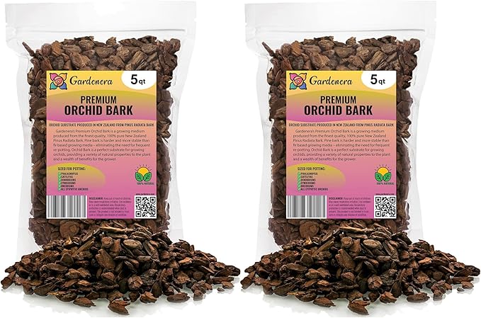 GARDENERA New Zealand Pinus Radiata Bark - 10 Quart - Organic Hand Mixed New Zealand Orchiata Pine Bark for Orchids - Medium Chips 9-12mm - (2 Bags of 5 Quart)