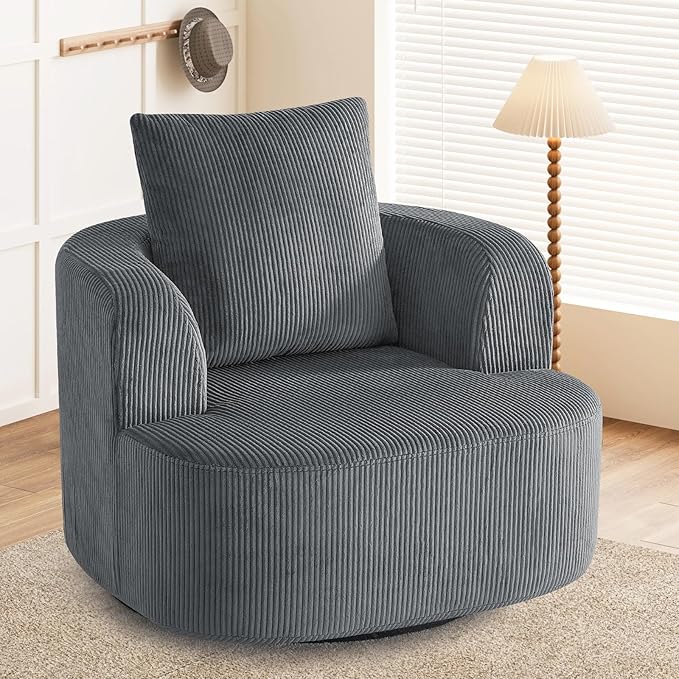 Furnimart 360° Swivel Barrel Accent Chair, Round Upholstered Comfy Lounge Chair, Corduroy High-Resilienc Foam Single Sofa, No Assembly Wide Seat for Living Room, Bedroom, Apartment (Gray)