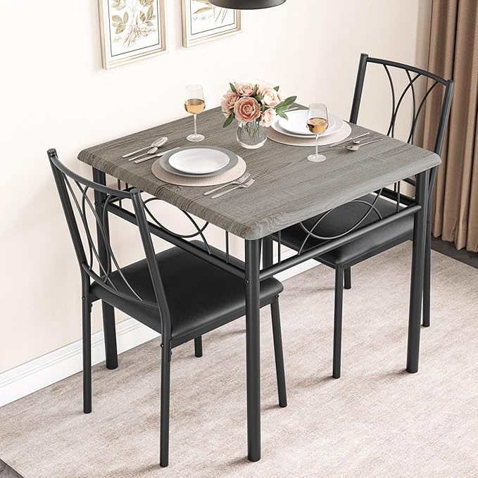 IDEALHOUSE Dining Table Set for 2, Square Dinner Table Sets with 2 Upholstered Chairs, Small Kitchen Table and Chairs for 2, Corner Dining Room Table Set for Apartment, Small Space, Dinner, Retro Gray