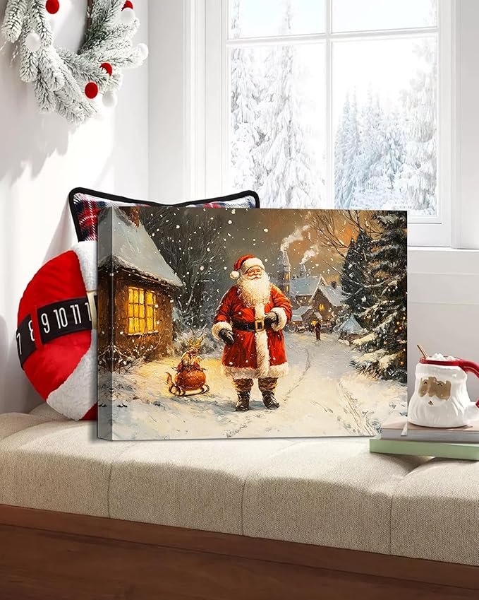 Vintage Santa Claus Christmas Canvas Wall Art - Festive Holiday Painting for Living Room,Bedroom & Bathroom, Cozy Winter Decor Framed Print, Perfect Christmas Gifts & Home Decoration